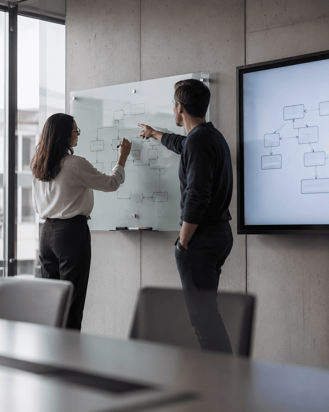 Two people mapping out a process flow of connected boxes and arrows together on a glass whiteboard – personally guided onboarding.