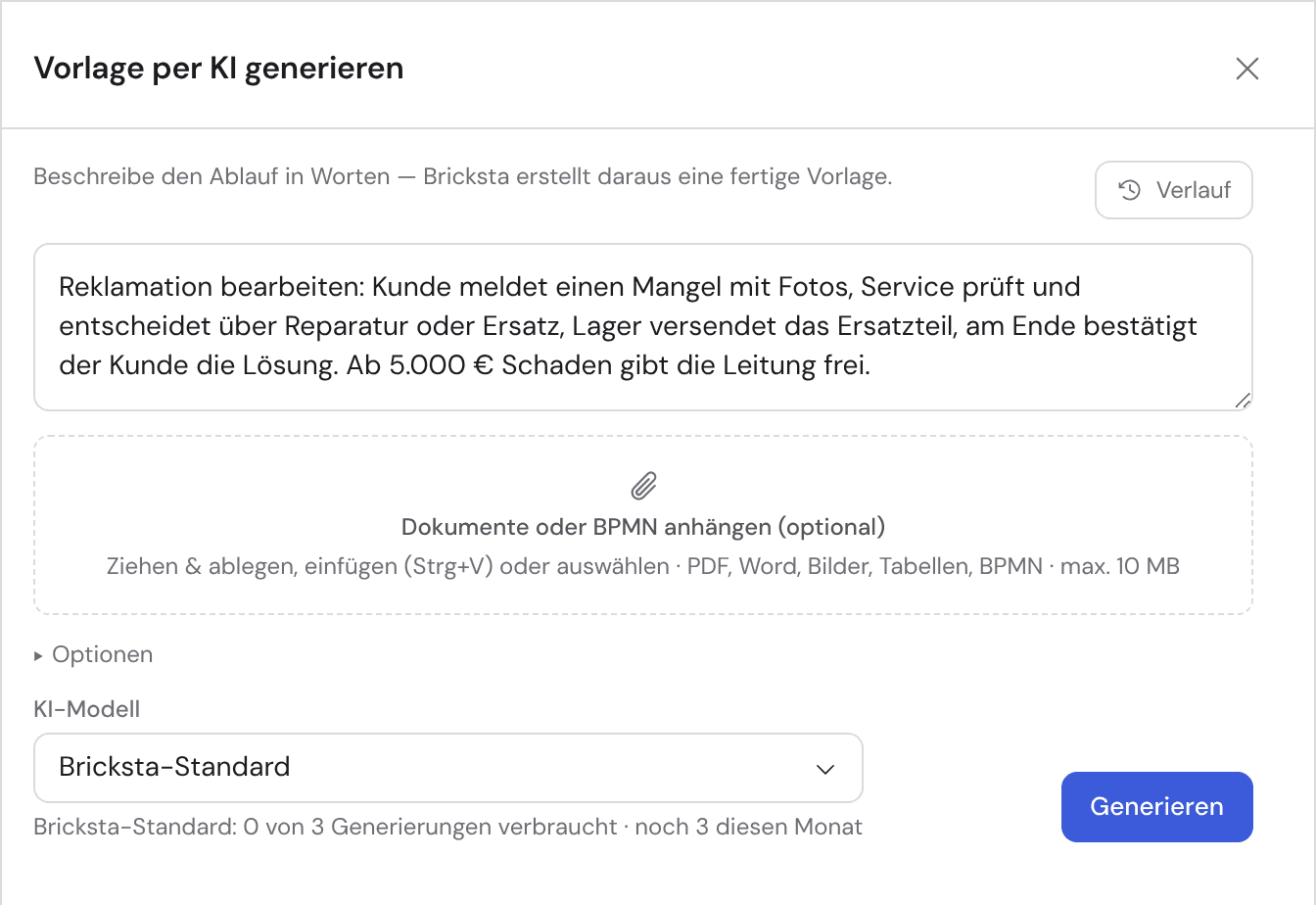 Bricksta-Dialog „Vorlage per KI generieren“ mit einer Beschreibung des Ablaufs „Reklamation bearbeiten“.