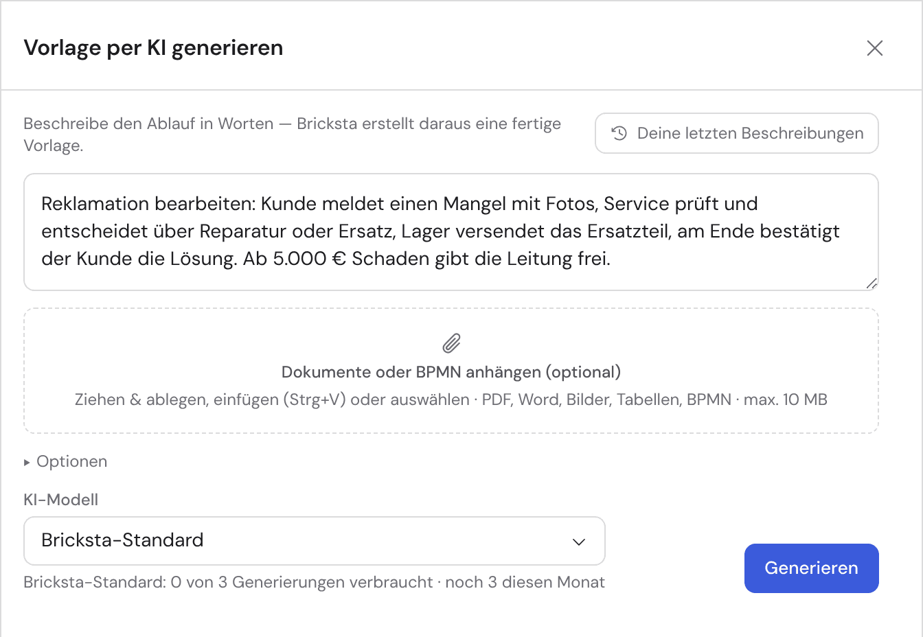 Bricksta-Dialog „Vorlage per KI generieren“ mit einer Beschreibung des Ablaufs „Reklamation bearbeiten“.