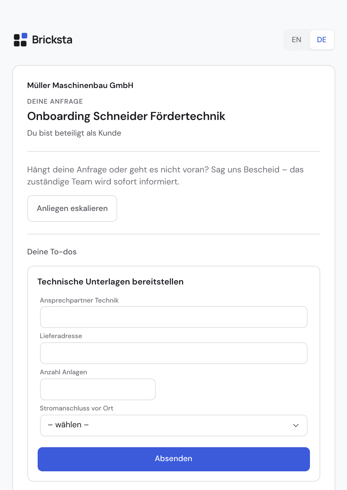 Bricksta-Kundenportal: ein Kunde sieht seine Anfrage und füllt sein To-do „Technische Unterlagen bereitstellen“ aus.