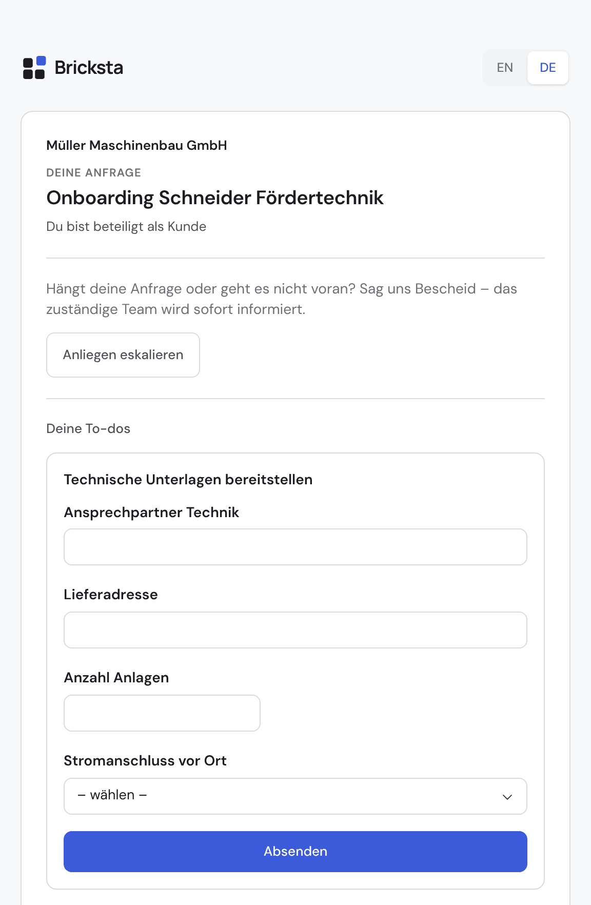 Bricksta-Kundenportal: ein Kunde sieht seine Anfrage und füllt sein To-do „Technische Unterlagen bereitstellen“ aus.