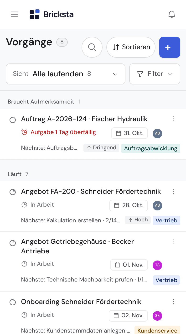 Bricksta-Vorgangsliste: oben ein überfälliger Auftrag unter „Braucht Aufmerksamkeit“, darunter laufende Vorgänge mit Frist und nächster Aufgabe.