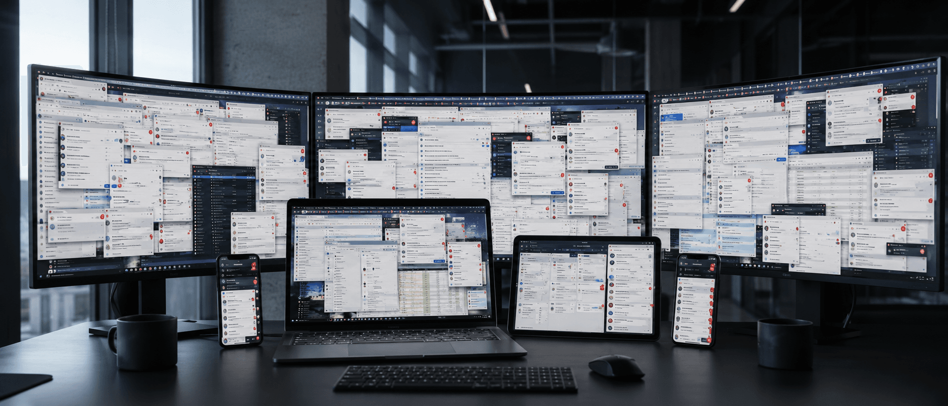 A desk crowded with overloaded screens full of chats, spreadsheets and notifications – work fragmented across too many tools.