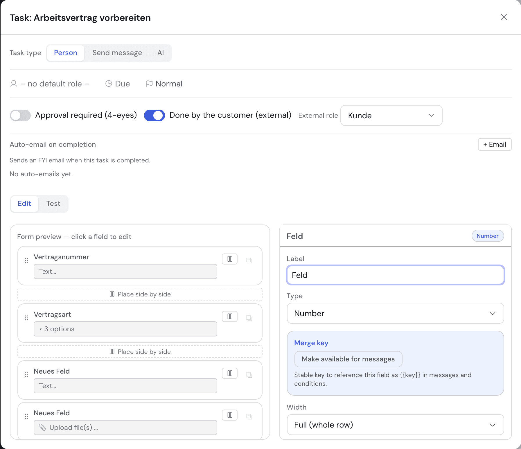 Bricksta form editor: the field preview on the left, the settings inspector of the selected field on the right.