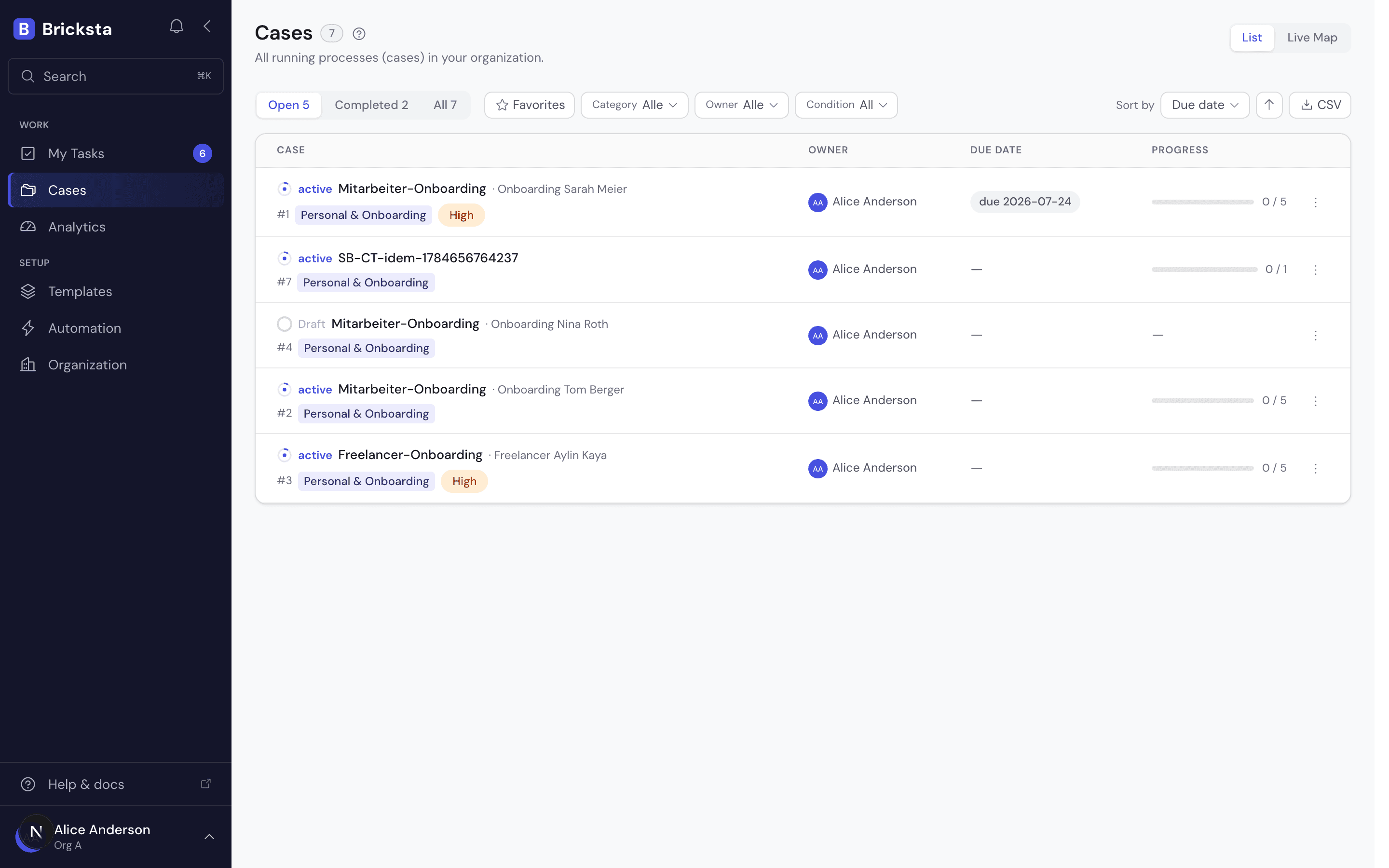 Bricksta portfolio: a list of all running cases with status, owners, due dates and progress bars.
