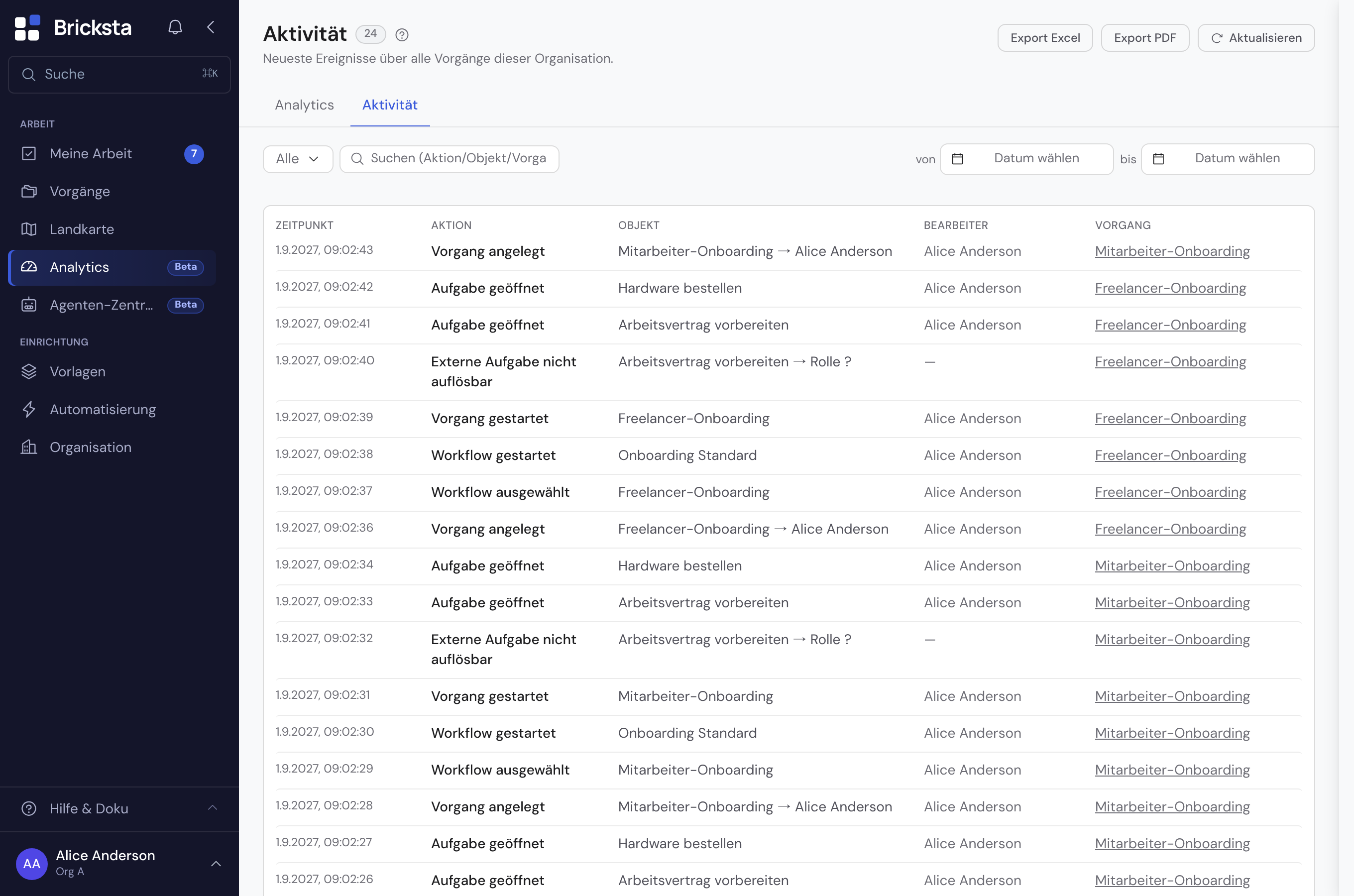 Der organisationsweite Aktivitäts-Feed mit Spalten für Zeitpunkt, Aktion, Objekt, Bearbeiter und Vorgang