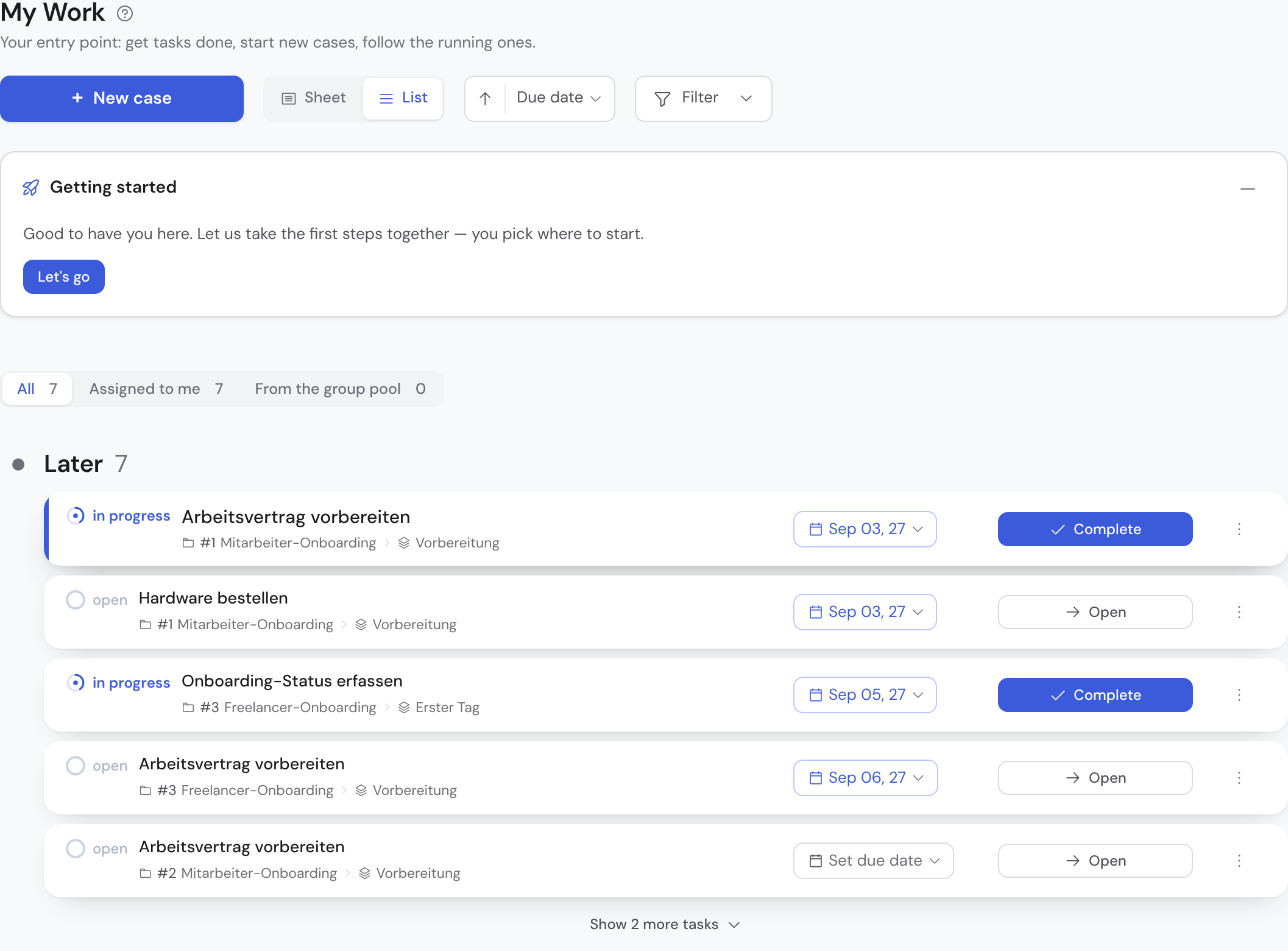 The page header with its tools, below it the view by responsibility and one section with its task cards