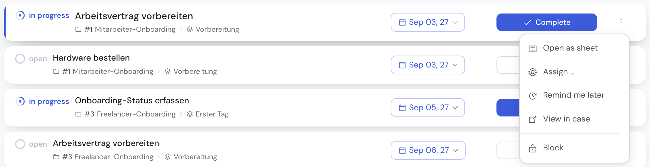Task row with an open row menu: Open as sheet, Snooze, View in case, Block