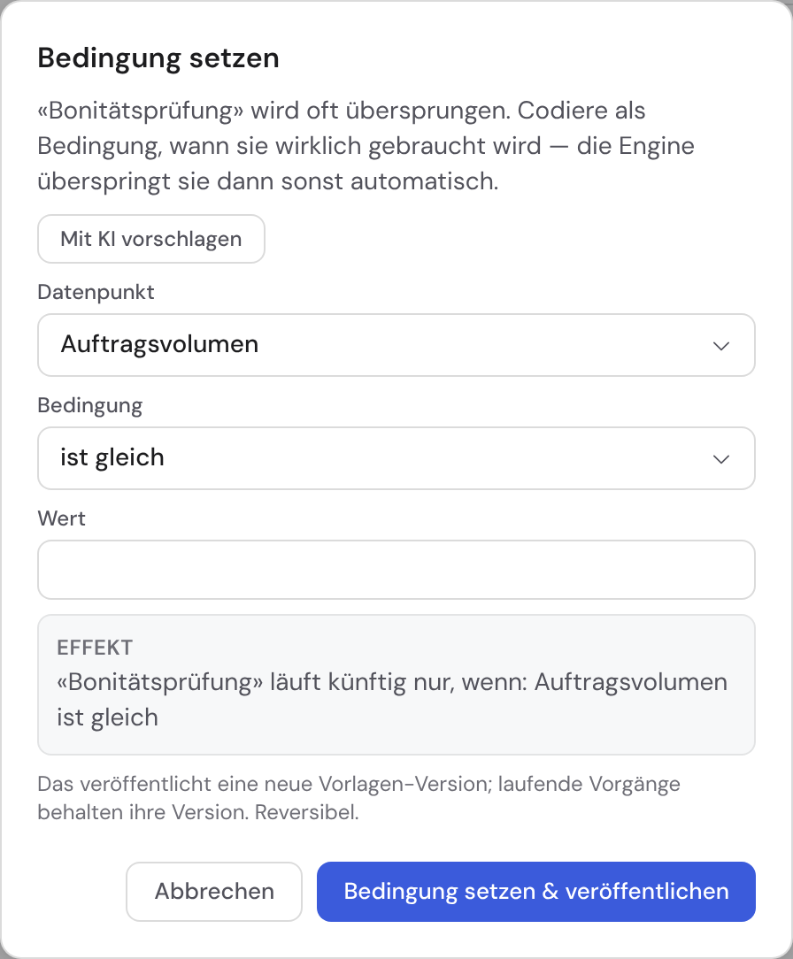 Dialog „Bedingung setzen“ mit den Feldern Datenpunkt, Bedingung und Wert sowie einer EFFEKT-Zeile, die die Regel in Klartext zeigt