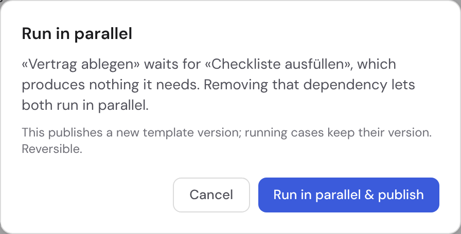 The “Run in parallel” dialog naming the redundant dependency and letting you confirm dropping it