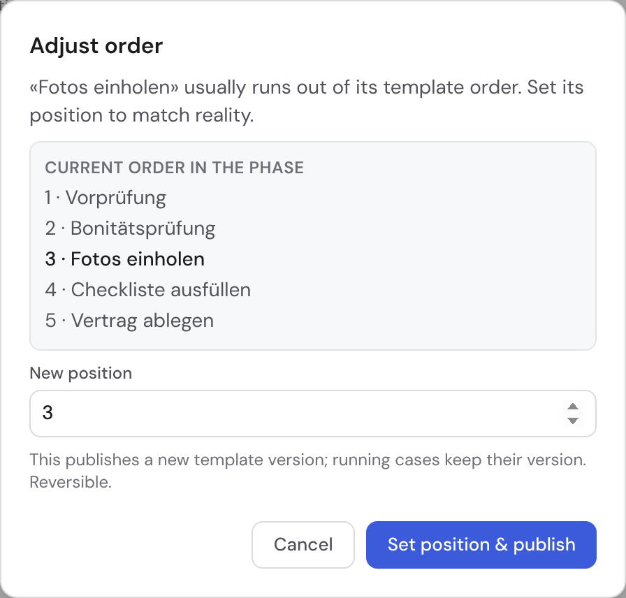 The “Fix order” dialog showing the current phase order and a field for the new position