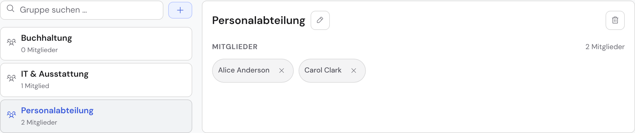 Die Gruppen-Verwaltung unter Organisation → Gruppen: links die durchsuchbare Gruppen-Liste mit Mitglieder-Zählern, rechts die gewählte Gruppe mit ihren Mitgliedern