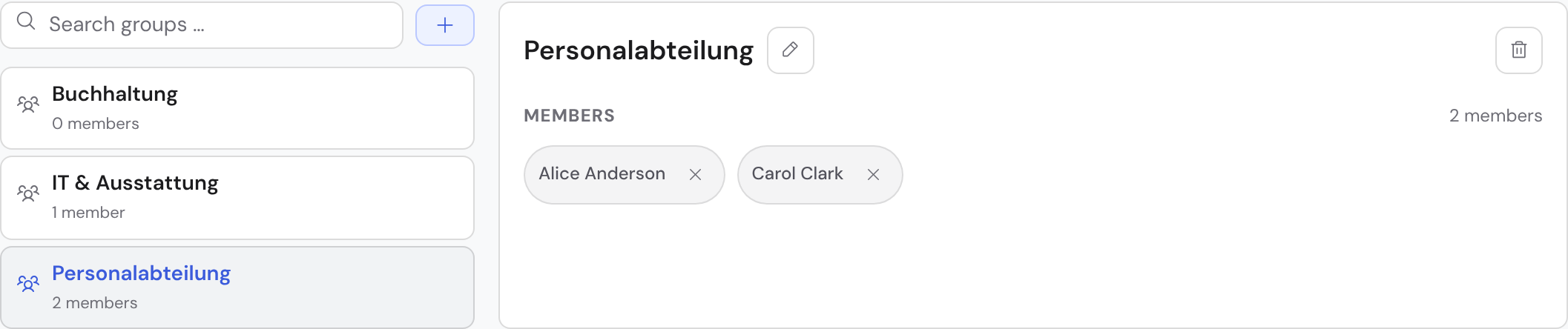 Group management under Organization → Groups: the searchable group list with member counts on the left, the selected group with its members on the right