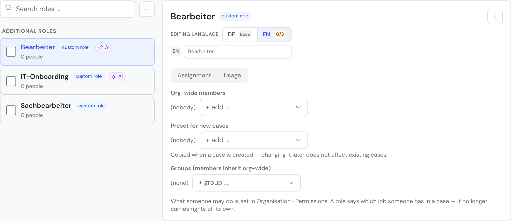 The role management under Organization → Roles: the searchable list of system and further roles on the left, the selected role with its assignment on the right