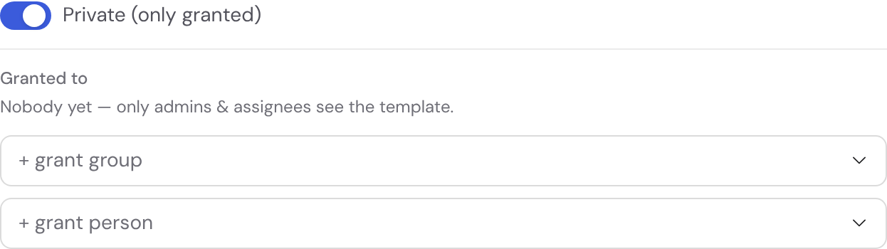 The visibility sheet of a template: private/public switch and granting to groups and people
