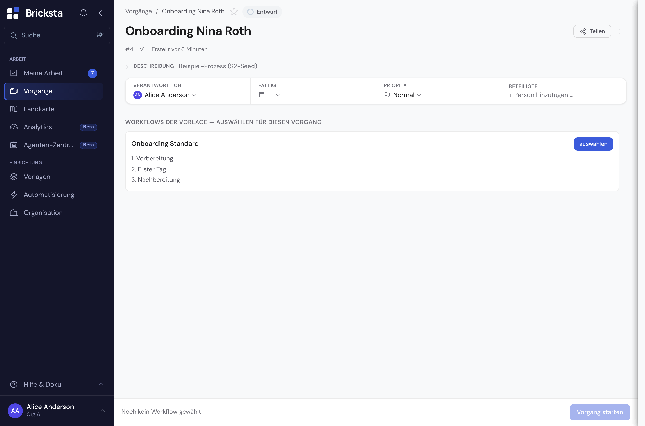 Ein Vorgang im Entwurf: die Workflow-Auswahl der Vorlage mit „auswählen“ und dem Button „Vorgang starten“