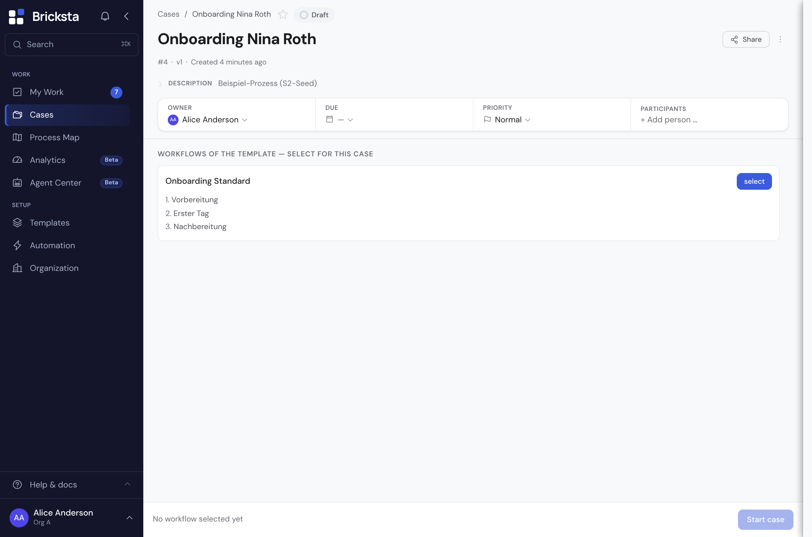 A case in draft: the template's workflow selection with “select” and the “Start case” button