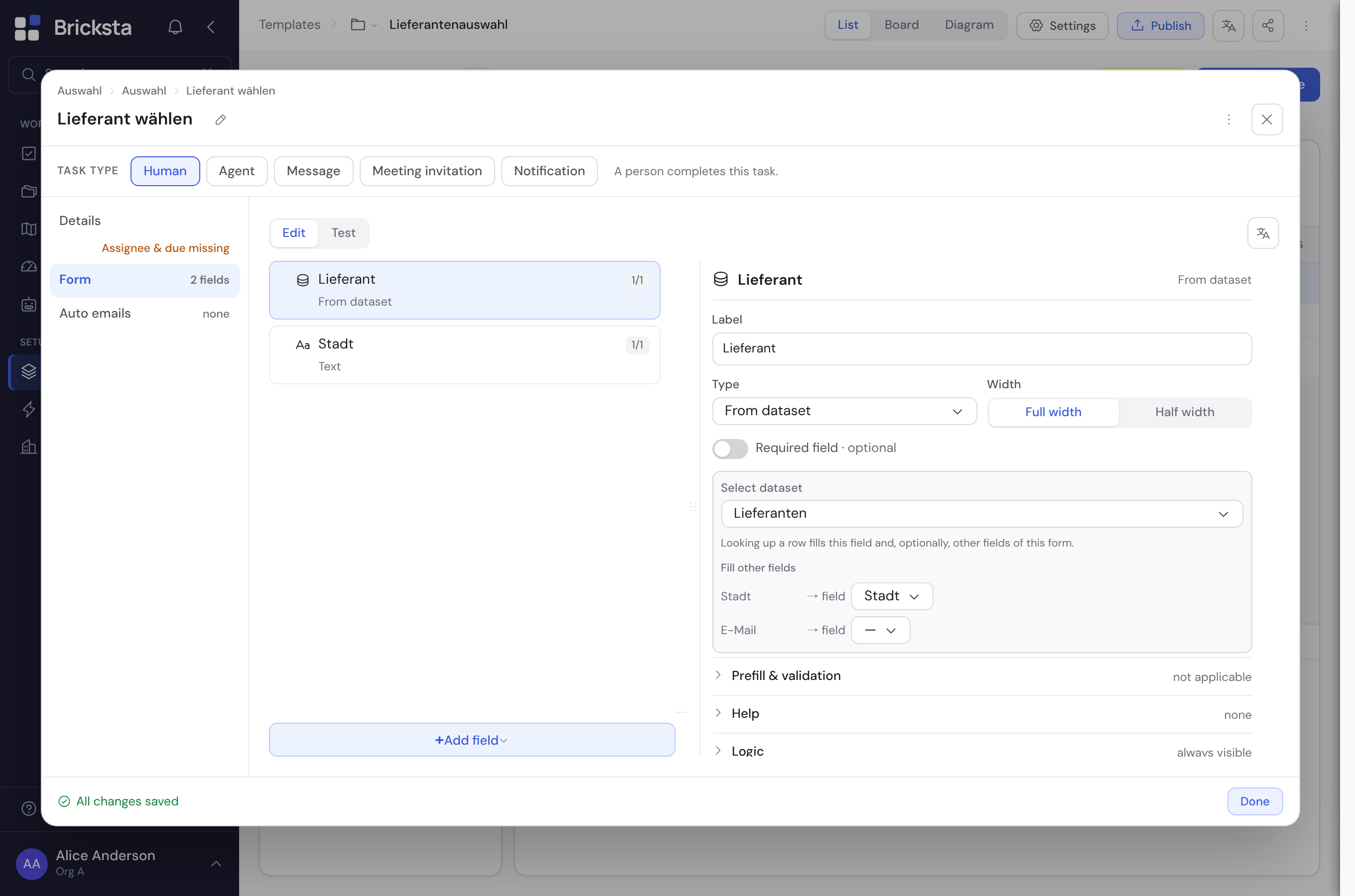 The template editor with a field of type “From dataset” selected: on the right the chosen dataset “Lieferanten” and the column mapping “city → City”.