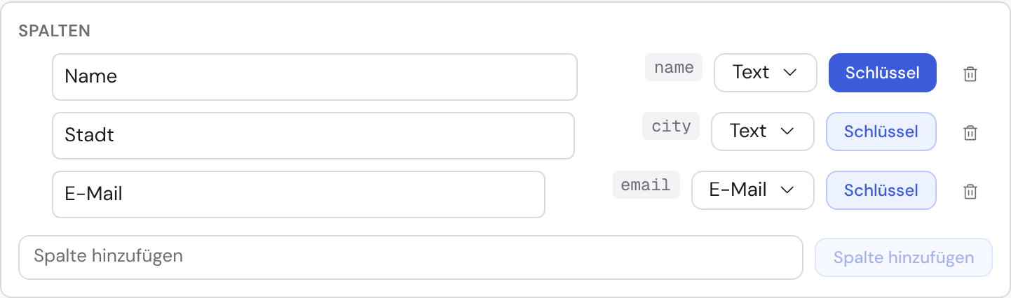 Das Spalten-Schema des Datensatzes „Lieferanten“: die Spalten Name (als Schlüssel markiert), Stadt und E-Mail mit je Bezeichnung, technischem Schlüssel, Typ-Auswahl und Schlüssel-Schaltfläche.
