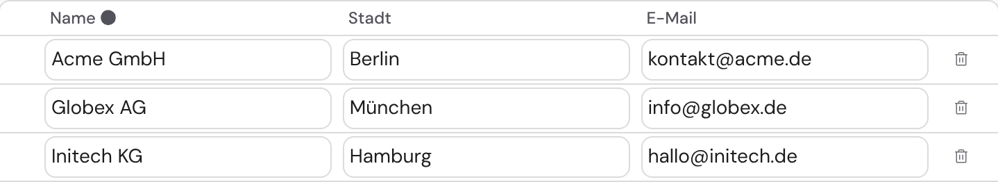 Die Zeilen-Tabelle des Datensatzes „Lieferanten“ mit den Einträgen Acme GmbH (Berlin), Globex AG (München) und Initech KG (Hamburg) samt E-Mail-Adressen.