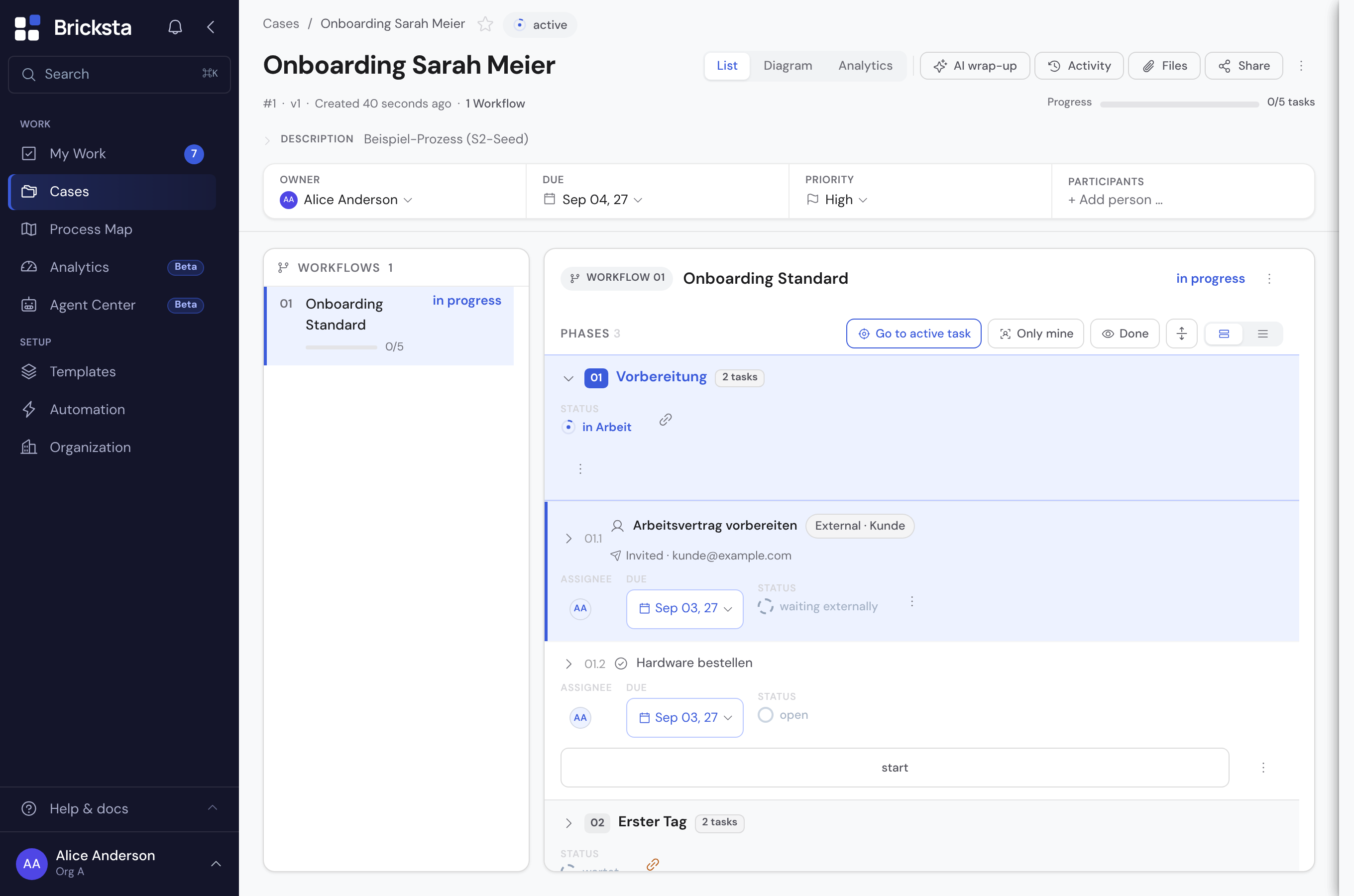 A case in list view: workflow Onboarding Standard with the phases Vorbereitung, Erster Tag and Nachbereitung, their tasks, status and actions
