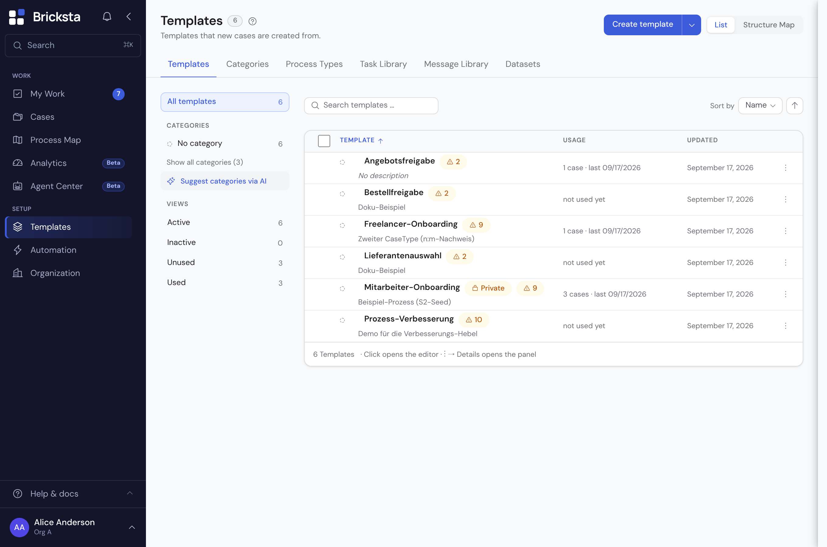 The templates page with AI generation at the top and the existing templates as a row list