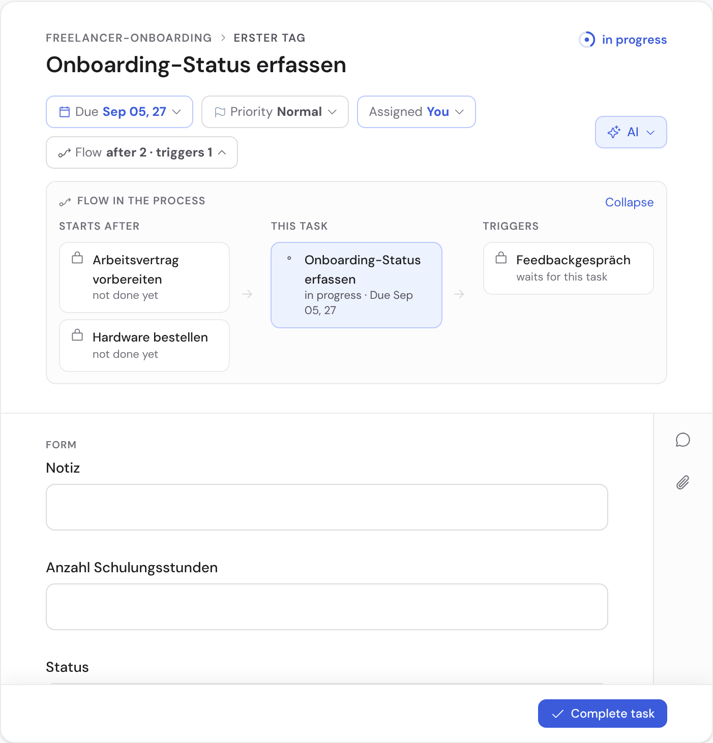 A task as a single-page, full-screen form in form view, with large fields and a footer