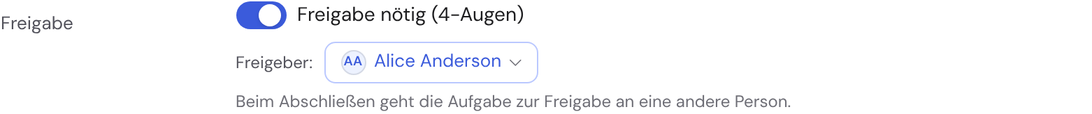 Der Schalter „Freigabe nötig (4-Augen)“ mit Freigeber-Auswahl im Vorlagen-Editor