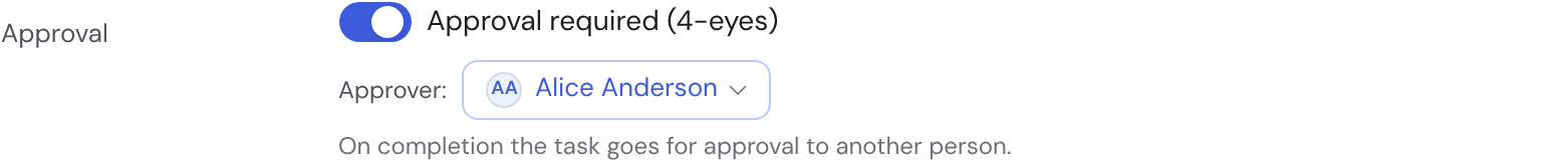 The “Approval required (4-eyes)” switch with approver selection in the template editor