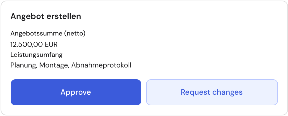 Approval card in the customer portal with two shared fields and the “Approve” and “Request changes” buttons