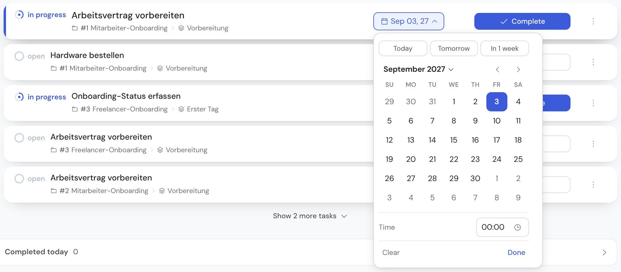 Due-date picker open over the row with quick options, a month calendar, time plus Clear and Done