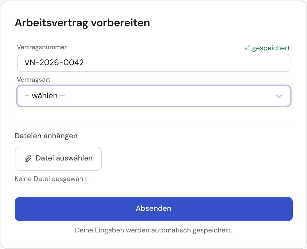 Die öffentliche Gast-Seite mit Aufgabenname, Ausgabeformular, einem Bereich zum Anhängen von Dateien und dem Button „Absenden“