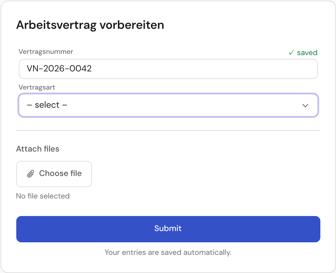 The public guest page with the task name, the output form, an area to attach files and a “Submit” button