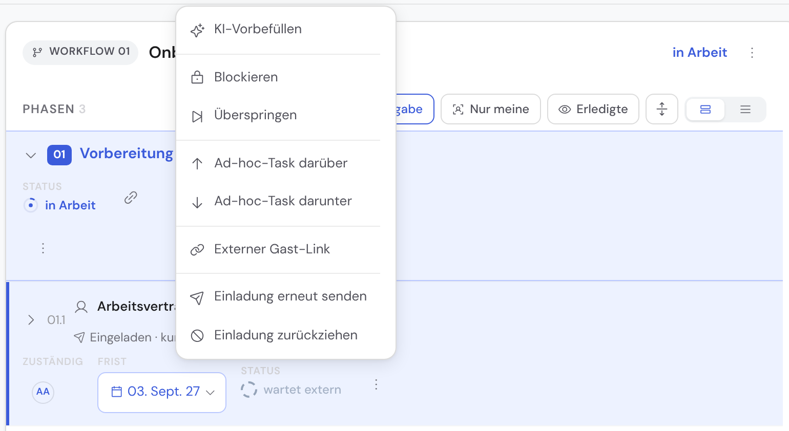Das Aktionsmenü einer Aufgabe im Vorgang mit dem hervorgehobenen Eintrag „Externer Gast-Link“