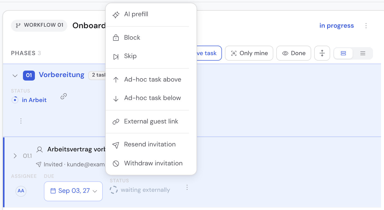 A task's action menu inside a case with the highlighted entry “External guest link”