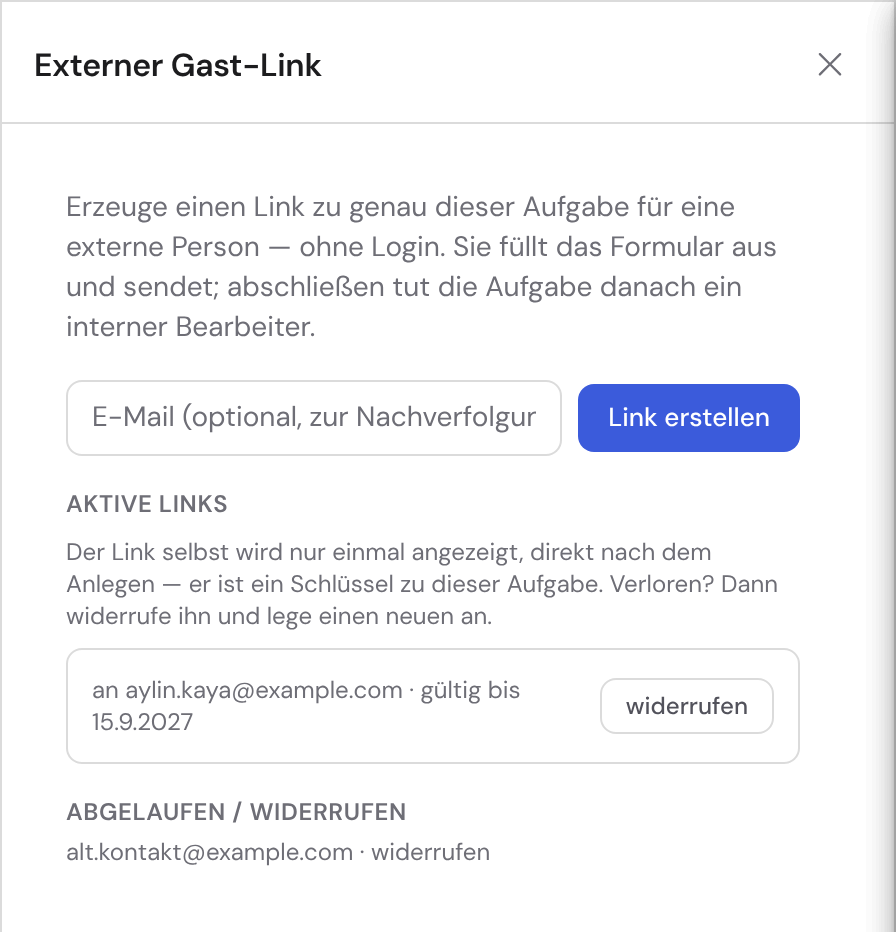 Der Bereich „Externer Gast-Link“ mit Eingabefeld für die E-Mail, dem Button zum Erstellen und einem aktiven Link mit Widerrufen-Aktion