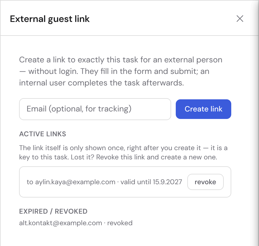The “External guest link” panel with an email input, a create button and an active link with a revoke action