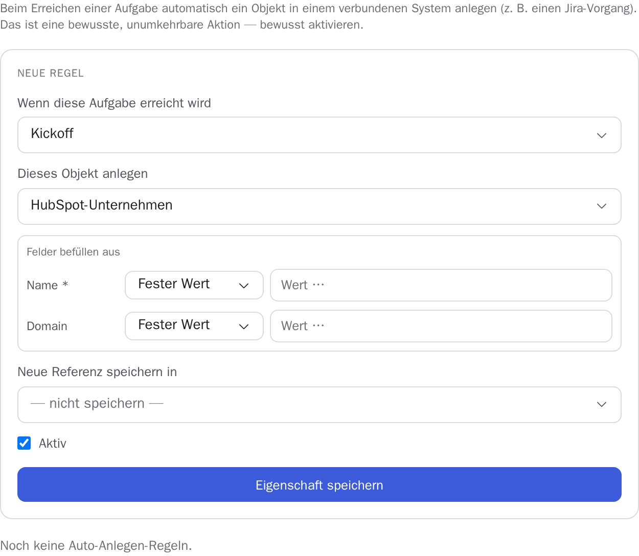 Das Auto-Anlegen-Sheet mit gewählter Aufgabe und Ressource sowie der Feldabbildung der Startwerte.