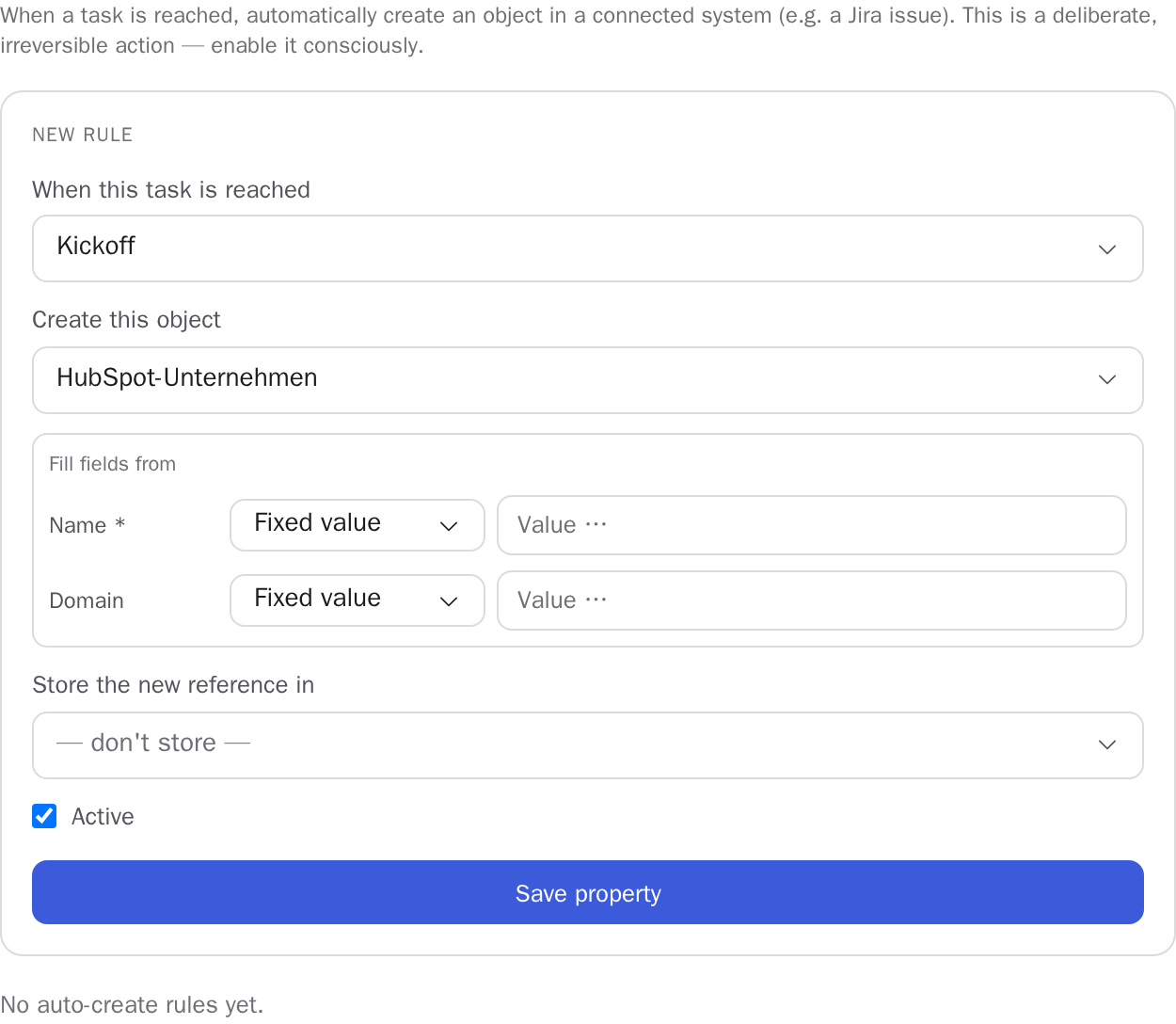 The auto-create sheet with a chosen task and resource and the field mapping for the initial values.