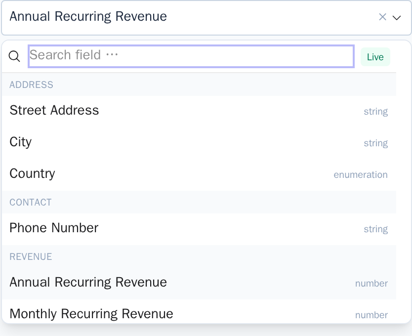 The live field picker lists the fields read from the connected system, grouped by categories such as Revenue and Address.