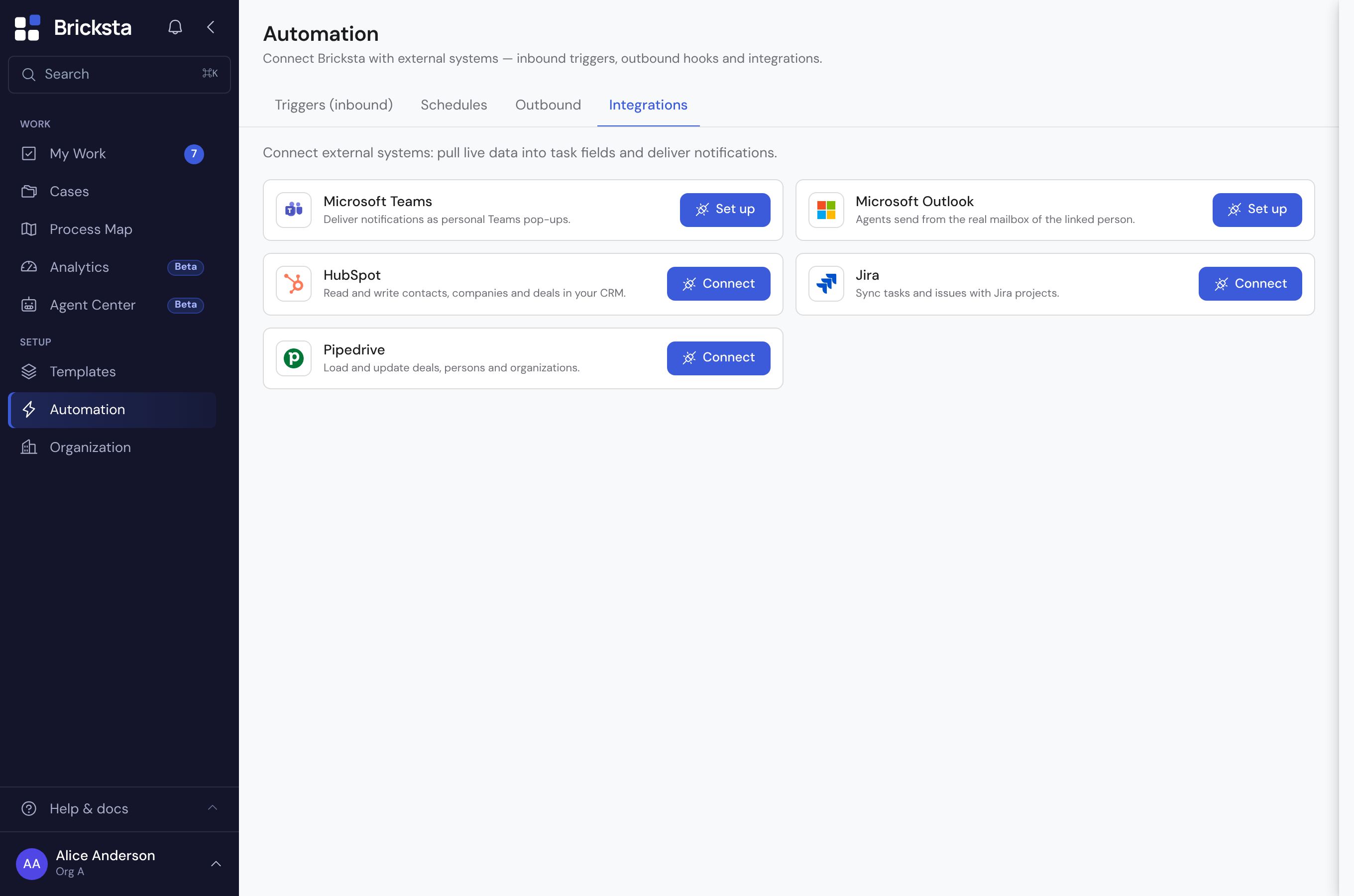 The Integrations tab under Automation: one card per provider (Jira, HubSpot, Pipedrive) with logo and a Connect button; already connected systems show the status Active.