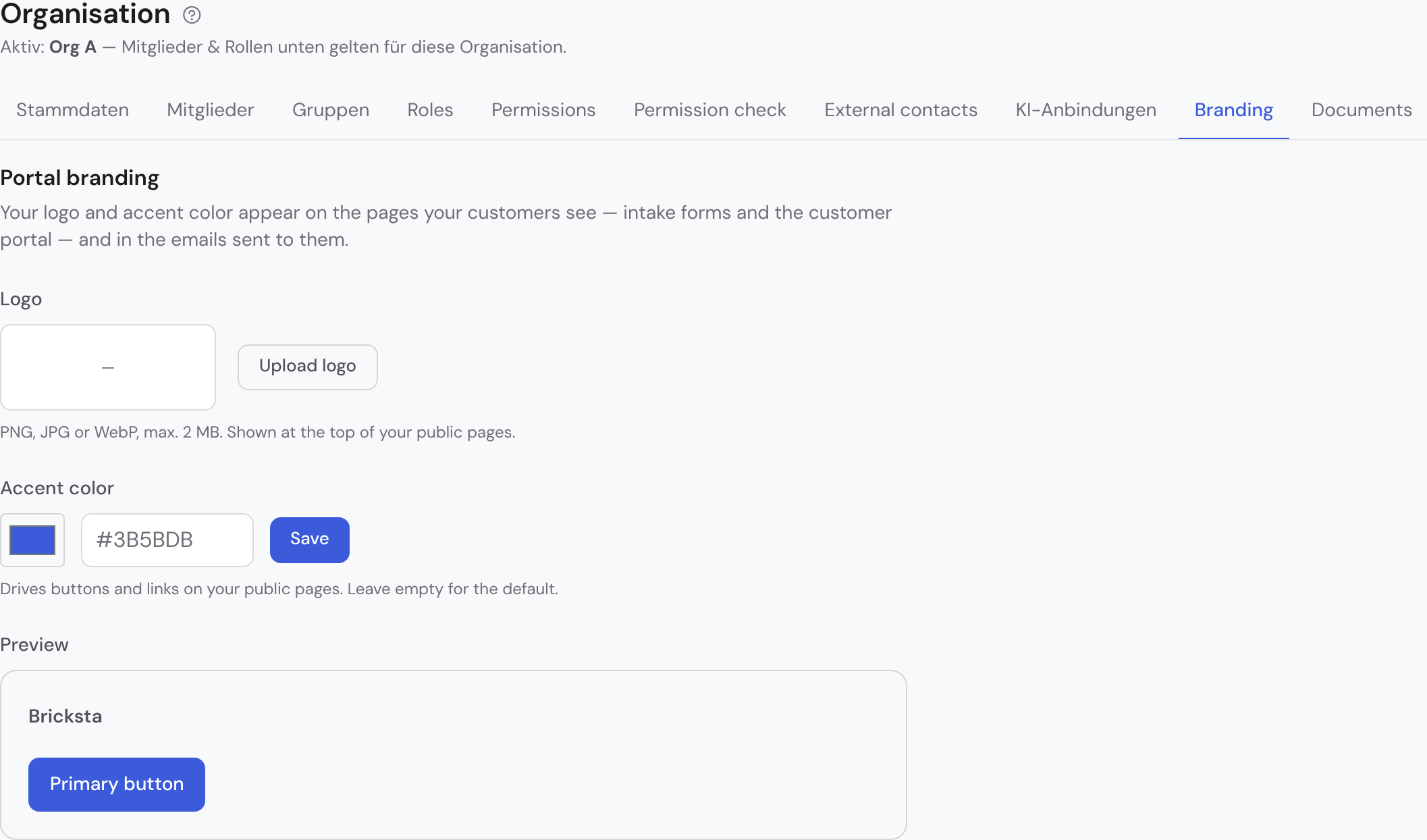 Branding editor under Organization → Branding with logo upload, accent color and a live preview