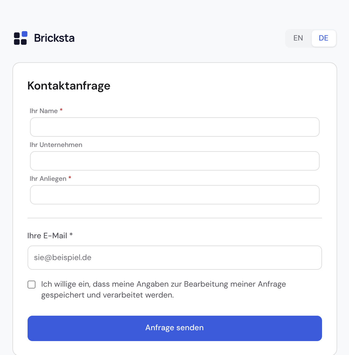 Öffentliches Eingangsformular unter /f/… mit Feldern, eingebautem E-Mail-Feld, Einwilligungs-Häkchen und Absende-Button