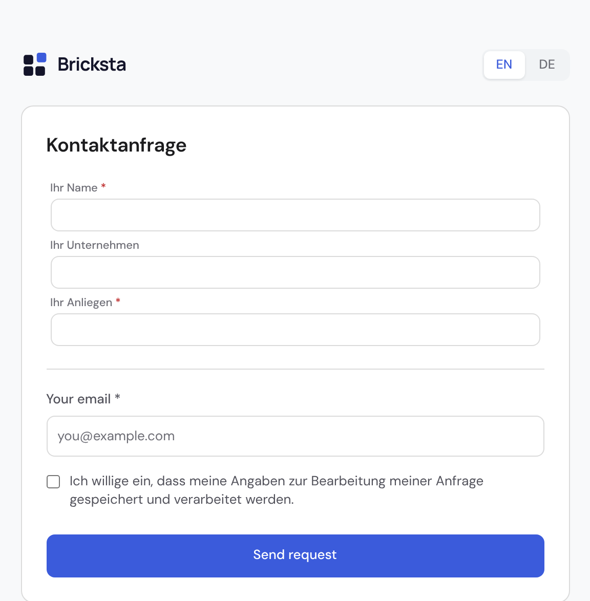 Public intake form at /f/… with fields, a built-in email field, a consent checkbox and a submit button