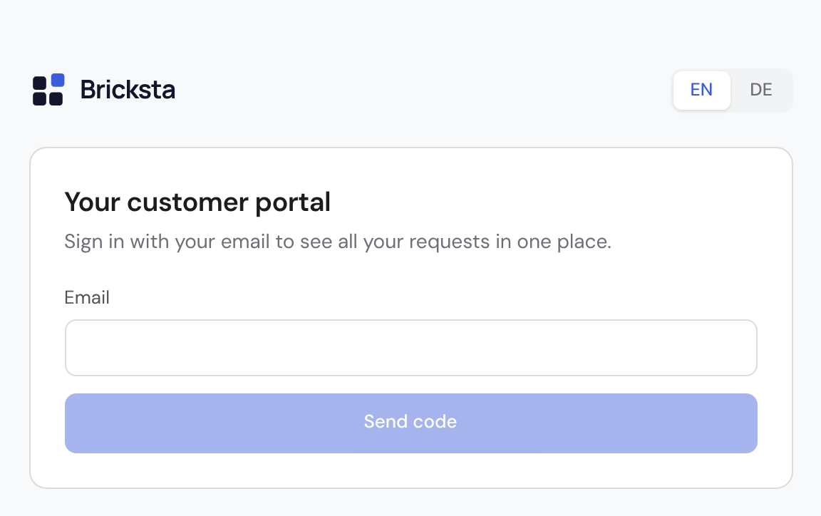 Customer portal sign-in page at /portal with an email field and a “Send code” button