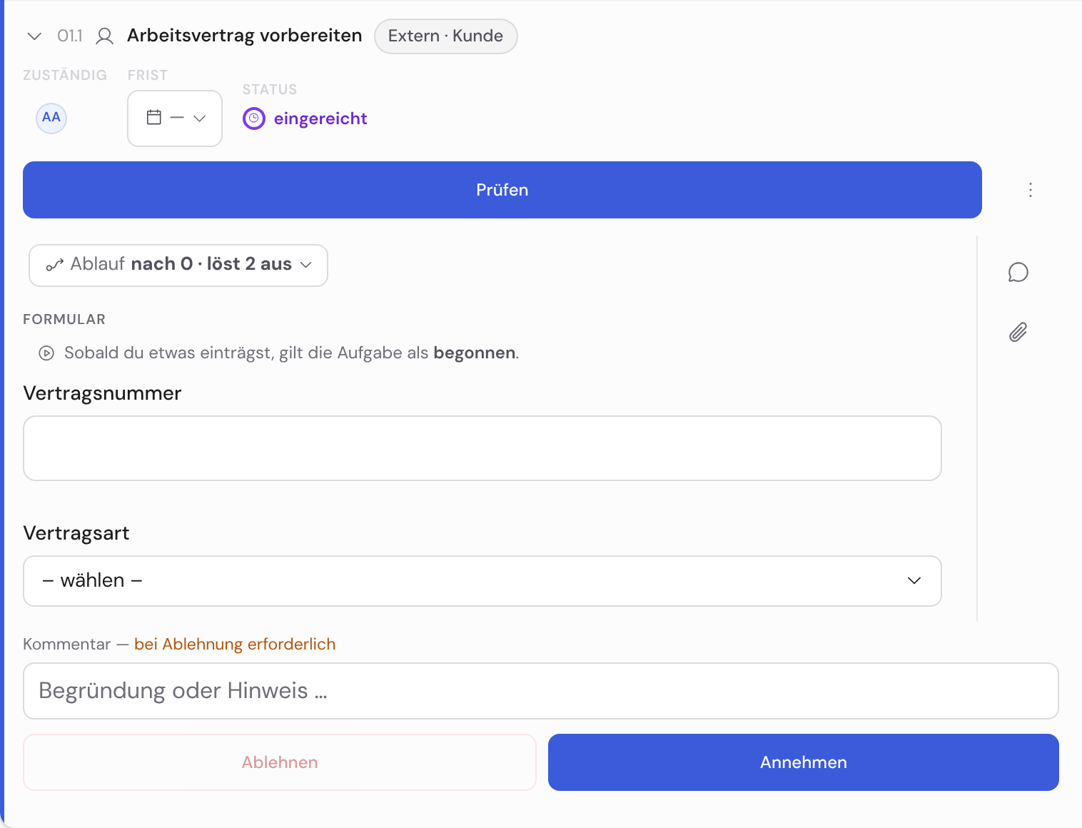 Interne Sicht der eingereichten externen Aufgabe mit Extern-Badge und den Schaltflächen Annehmen und Ablehnen