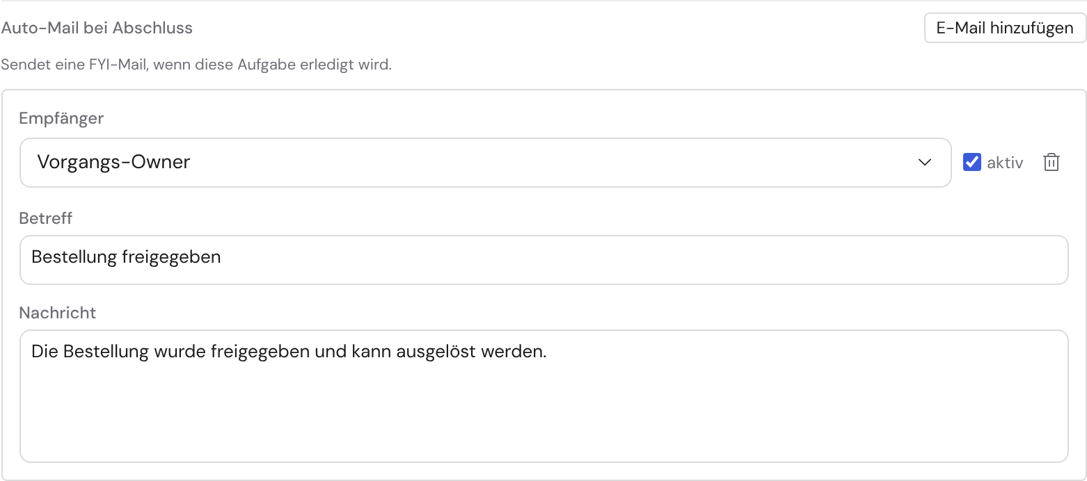 Nahaufnahme des E-Mail-Panels: die Empfänger-Auswahl (Vorgangs-Owner / feste Adresse / E-Mail-Feld / internes Mitglied / externer Kontakt), das Betreff-Feld, der mehrzeilige Nachrichtentext und der Aktiv-Schalter, jeweils mit „Feld einfügen“ daneben.