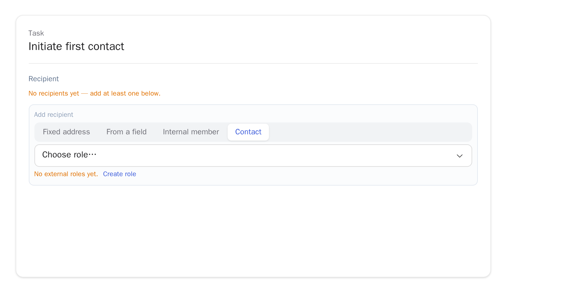 Contact recipient in the task editor without external roles, showing the hint “No external roles yet” and the link “Create role” below the role field