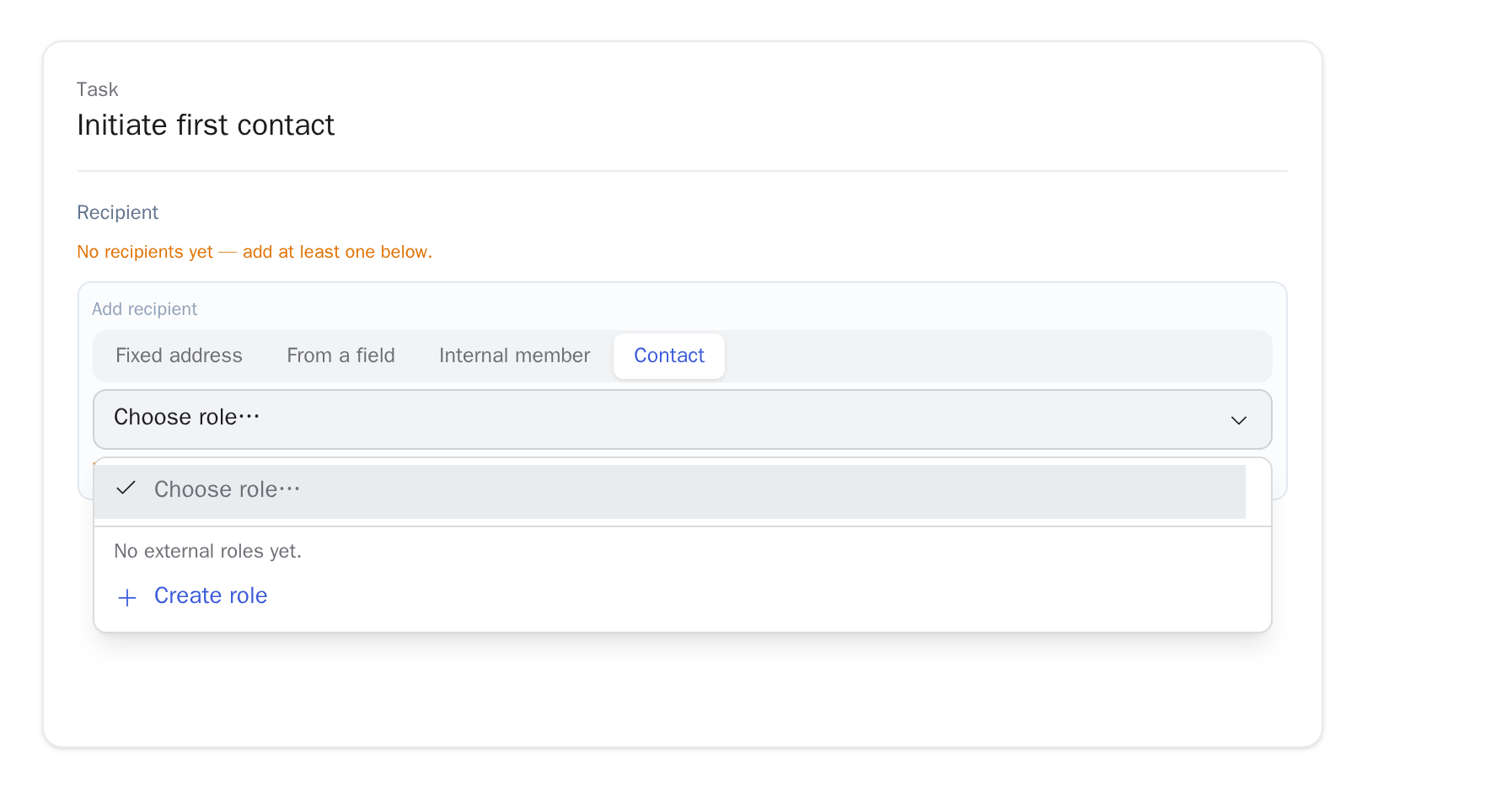 Contact recipient in the task editor: role field without external roles, the hint “No external roles yet” and the plus action “Create role” in the opened dropdown