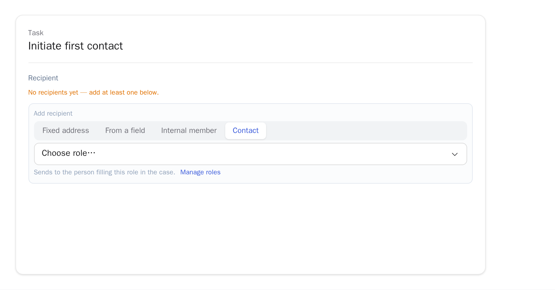 Contact recipient in the task editor with existing external roles and the link “Manage roles” below the role field
